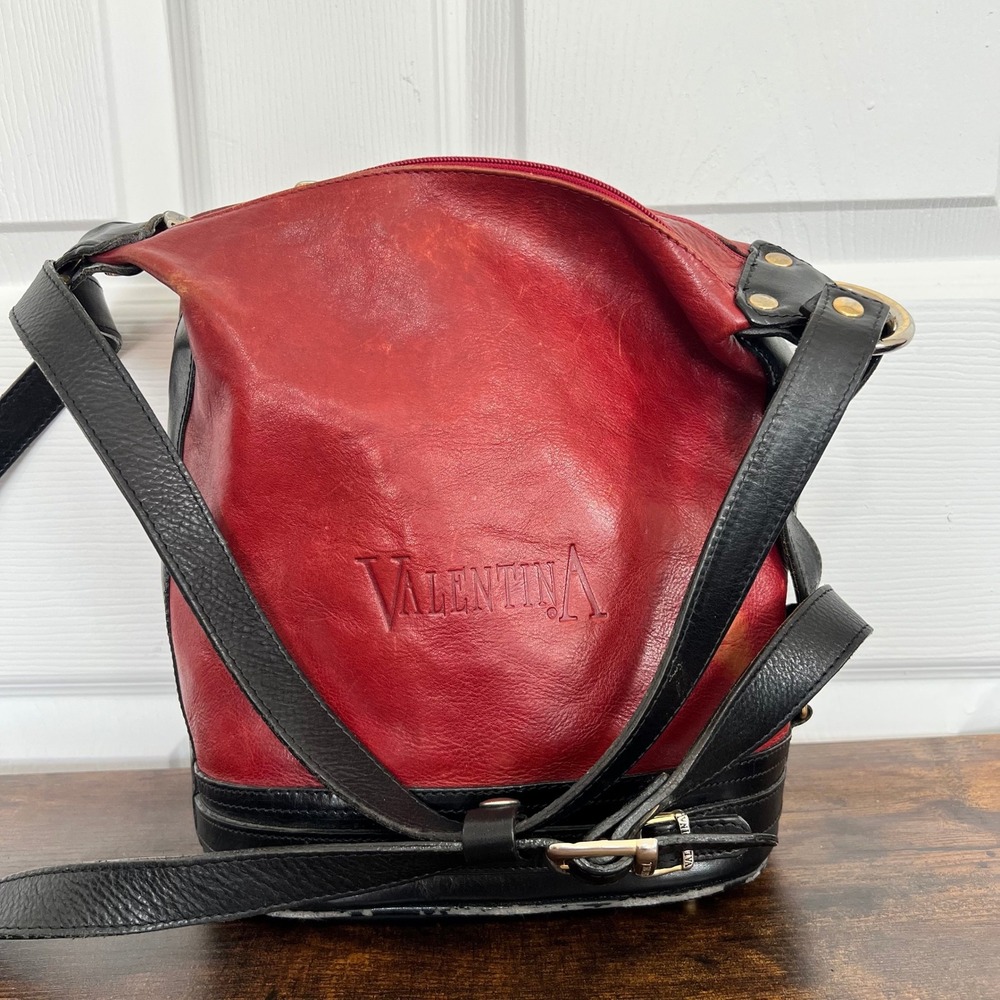Valentina Bucket Bag Women Small Red Black Fair Italian Leather Crossbody